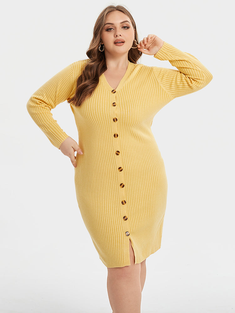 VIP V-Neck Button Front Bodycon Knit Dress
