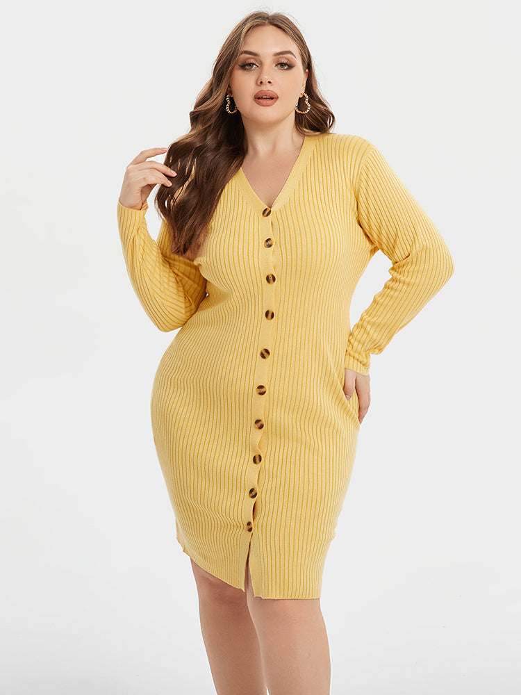 VIP V-Neck Button Front Bodycon Knit Dress