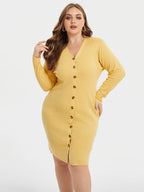 VIP V-Neck Button Front Bodycon Knit Dress