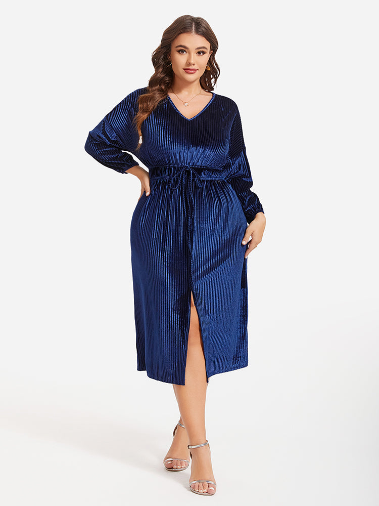 Drawstring Waist Split Velvet Midi Dress