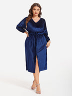 Drawstring Waist Split Velvet Midi Dress