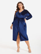 Drawstring Waist Split Velvet Midi Dress