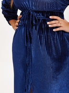 Drawstring Waist Split Velvet Midi Dress
