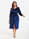Drawstring Waist Split Velvet Midi Dress