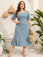 Plus Blue Floral Puff Sleeve Ruffle Hem Dress