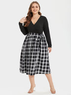 VIP Plaid Print V-Neck Belted Midi Dress
