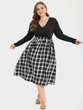 VIP Plaid Print V-Neck Belted Midi Dress