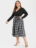 VIP Plaid Print V-Neck Belted Midi Dress