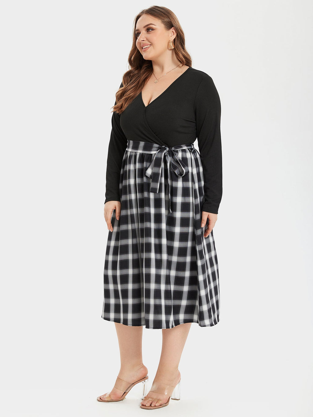 VIP Plaid Print V-Neck Belted Midi Dress