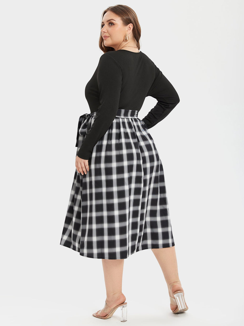 VIP Plaid Print V-Neck Belted Midi Dress