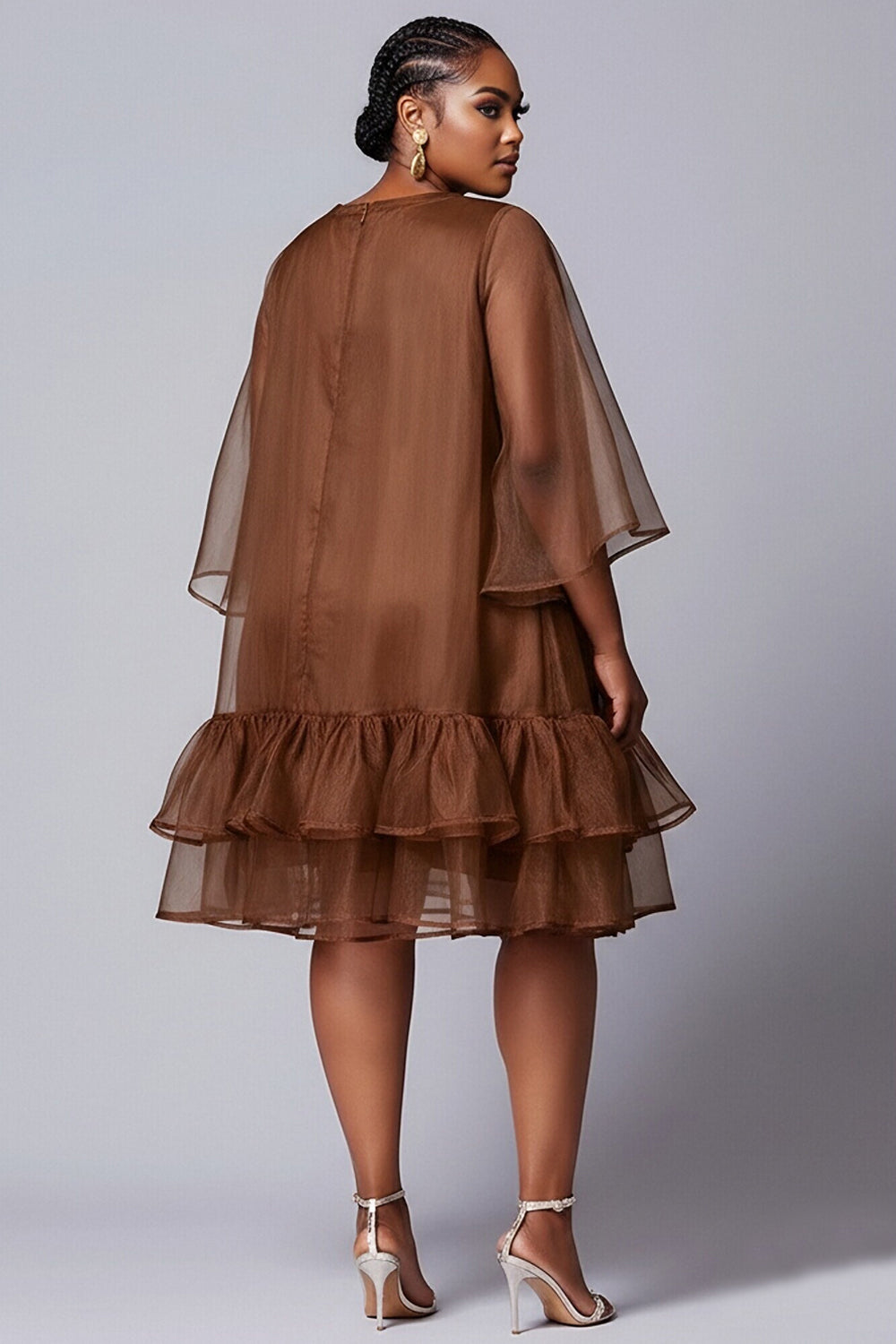 Xpluswear Design Plus Size Party Elegant Brown Round Neck Flare Short Sleeve Ruffle Organza Midi Dresses