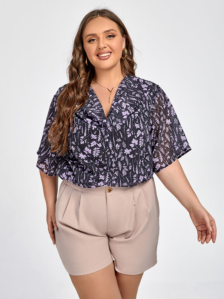 VIP Plus Black Floral Elastic Waist Dolman Sleeve Blouse