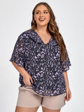 VIP Plus Black Floral Elastic Waist Dolman Sleeve Blouse
