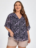 VIP Plus Black Floral Elastic Waist Dolman Sleeve Blouse