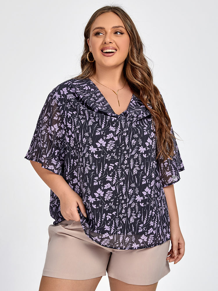 VIP Plus Black Floral Elastic Waist Dolman Sleeve Blouse