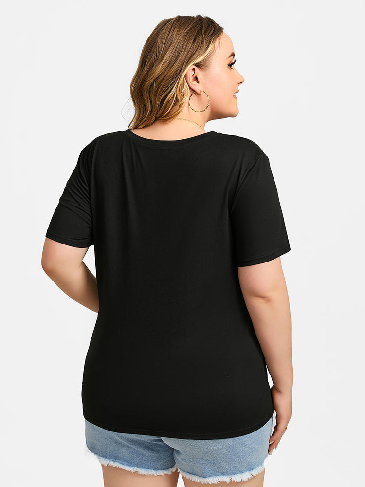 Plus Black Color Tongue Print Round Neck Graphic Tee