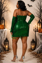 Xpluswear Design Plus Size Halloween Costumes Green Cosplay Sequin Strapless Mini Dress(Ships 24h)