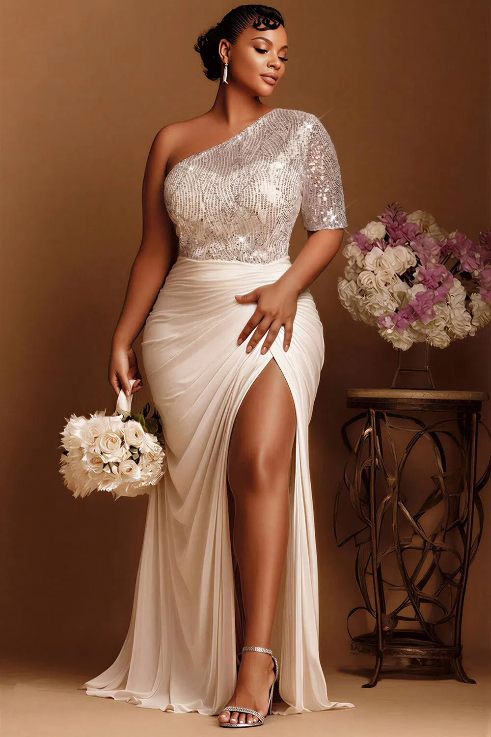 Xpluswear Design Plus Size Wedding Ivory One Shoulder Split Drilling Satin Maxi Dresses