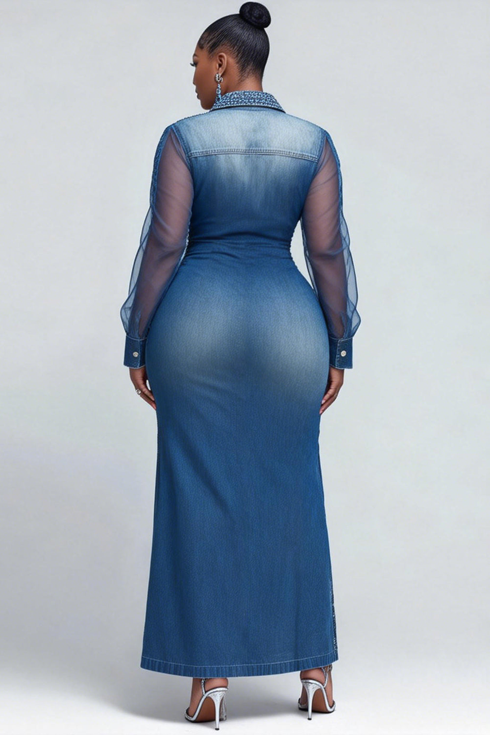 Xpluswear Design Plus Size Party Blue All Over Print Shirt Collar Long Sleeve Button Casual See Through Maxi Dresses
