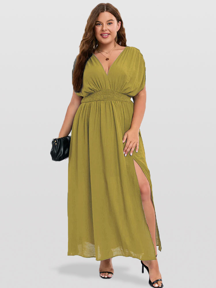 VIP V-Neck Dolman Sleeve Ruched Split Pocket Maxi Dress