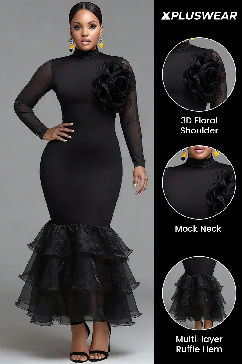 Xpluswear Design Plus Size Formal Black Mock Neck Long Sleeve Bodycon Elegant 3D Knitted Maxi Dresses