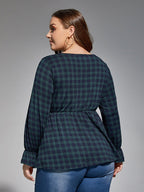 VIP Plus Green Plaid Button Front Elastic Waist Blouses