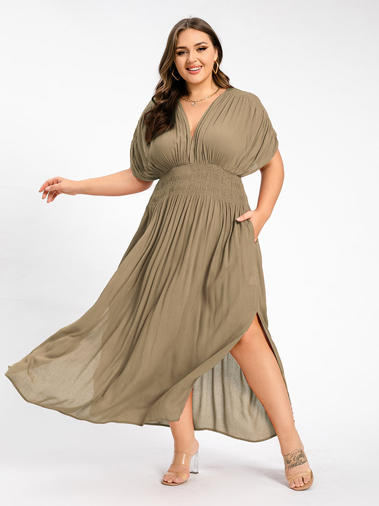VIP V-Neck Batwing Sleeve Pocket Ruched Waist Maxi Dress