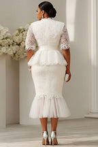 Xpluswear Design Plus Size Formal White Short Sleeve Mermaid See Through Lace Two Piece Dress Set