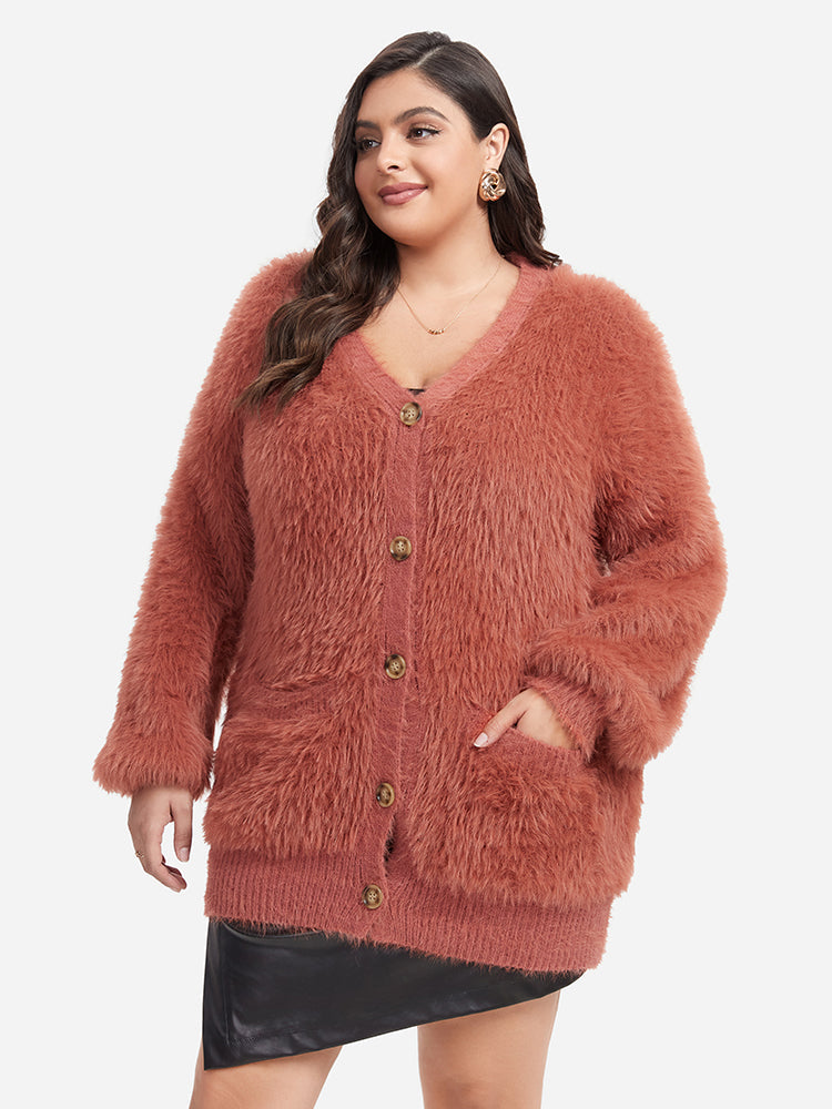 Solid Pocket Button Fuzzy Coat