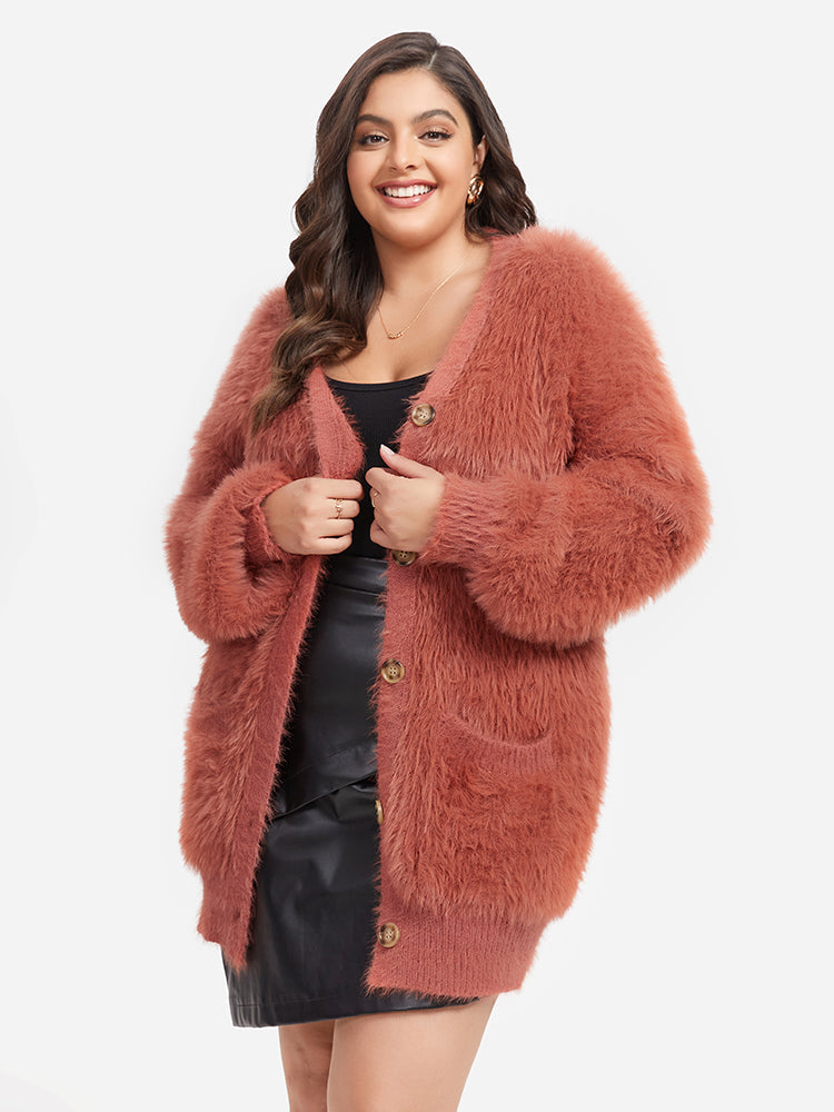 Solid Pocket Button Fuzzy Coat