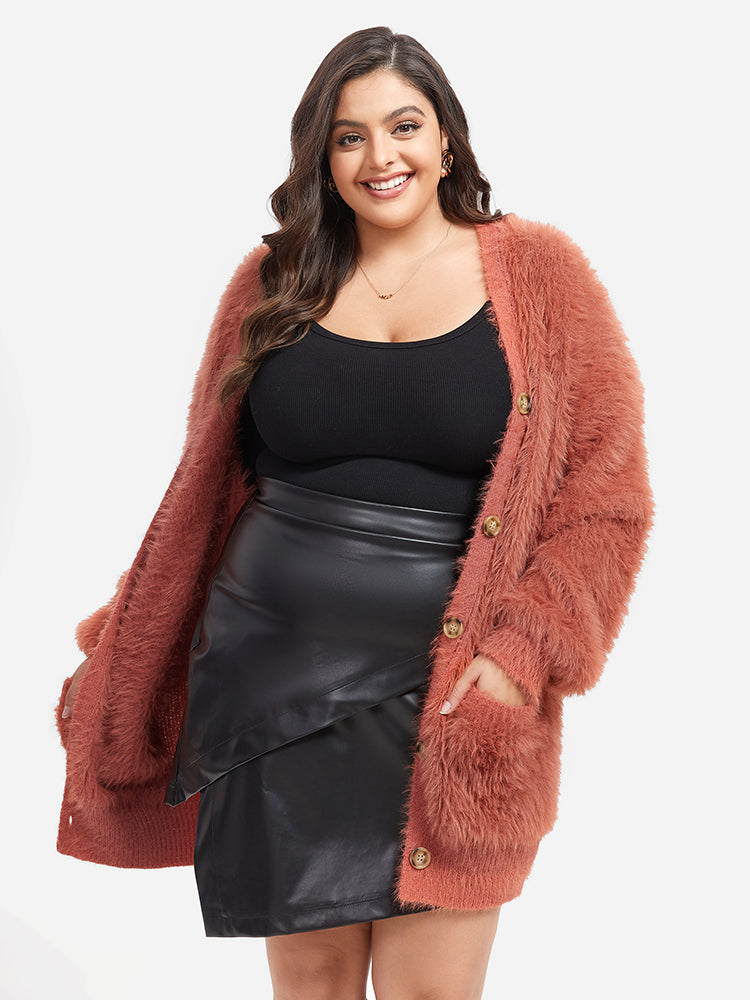 Solid Pocket Button Fuzzy Coat