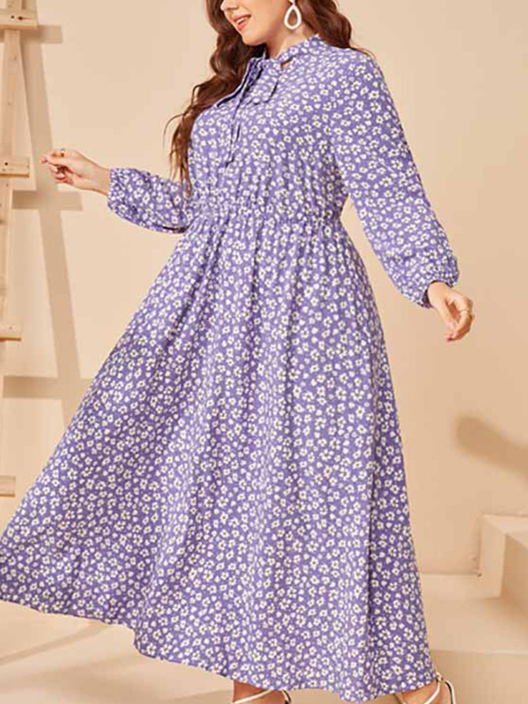 Plus Purple Floral Tie Neck Elastic Waist Maxi Dress