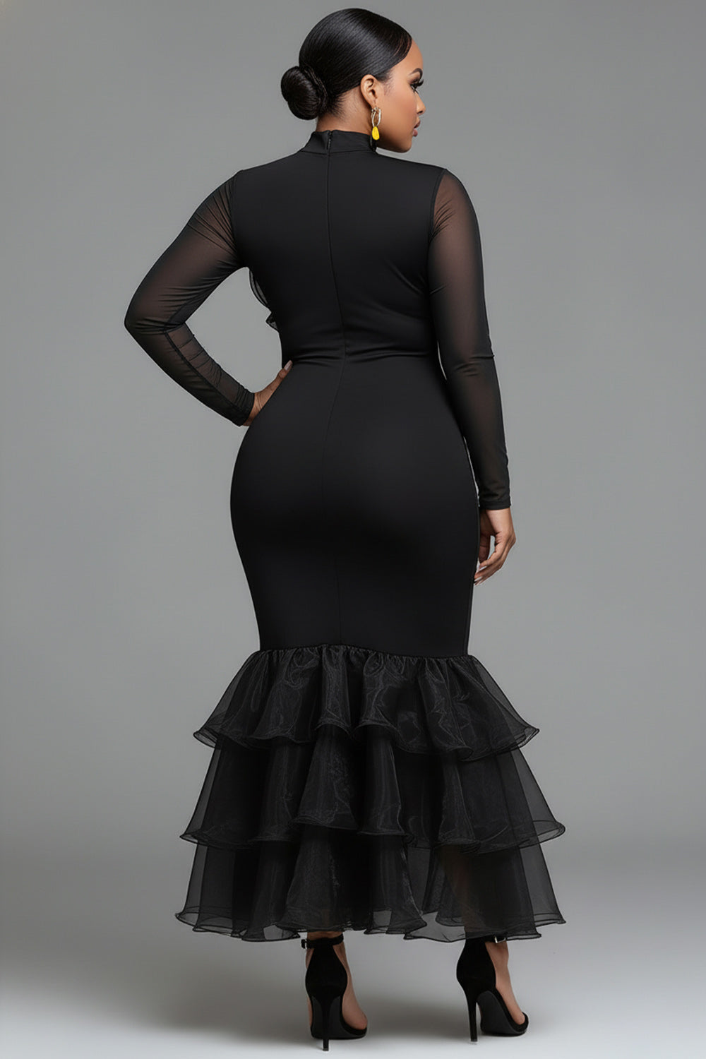 Xpluswear Design Plus Size Formal Black Mock Neck Long Sleeve Bodycon Elegant 3D Knitted Maxi Dresses