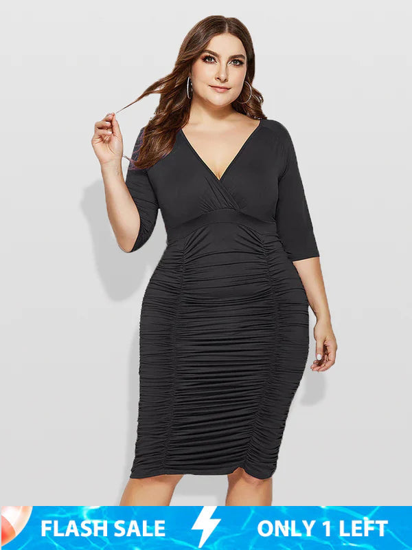 Plus V Neck Ruched Raglan Sleeve Bodycon Midi Dress