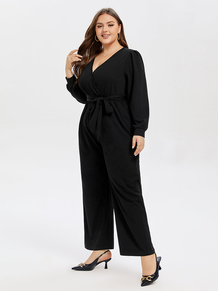 V-Neck Lantern Sleeve Belted Jumpsuit