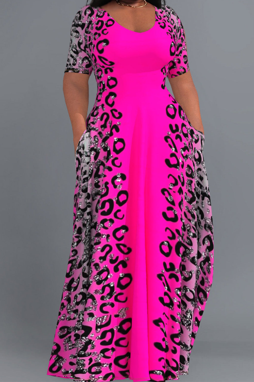 Xpluswear Design Plus Size Casual Hot Pink Leopard Short Sleeve With Pockets Maxi Dress