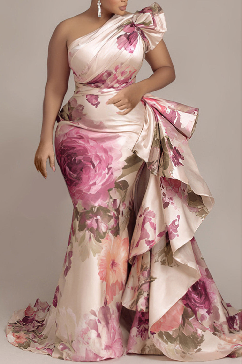 Xpluswear Design Plus Size Formal Pink Oblique Collar One Shoulder Ruffle Elegant Satin Maxi Dresses