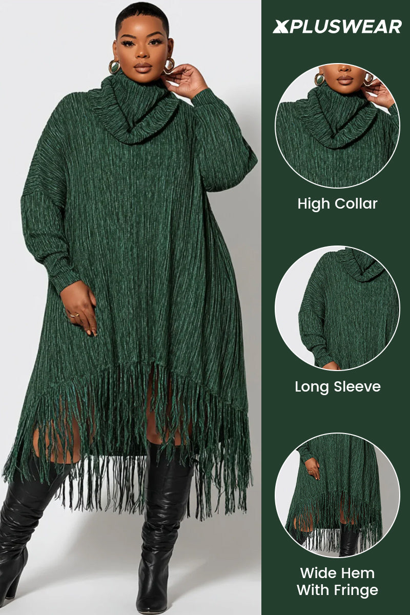 Xpluswear Design Plus Size Daily Green High Collar Long Sleeve Split Casual Pocket Midi Dresses