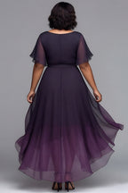 Xpluswear Design Plus Size Cocktail Party Black Gradient Round Neck Short Sleeve Asymmetric Hem Irregular Hem Chiffon Midi Dresses