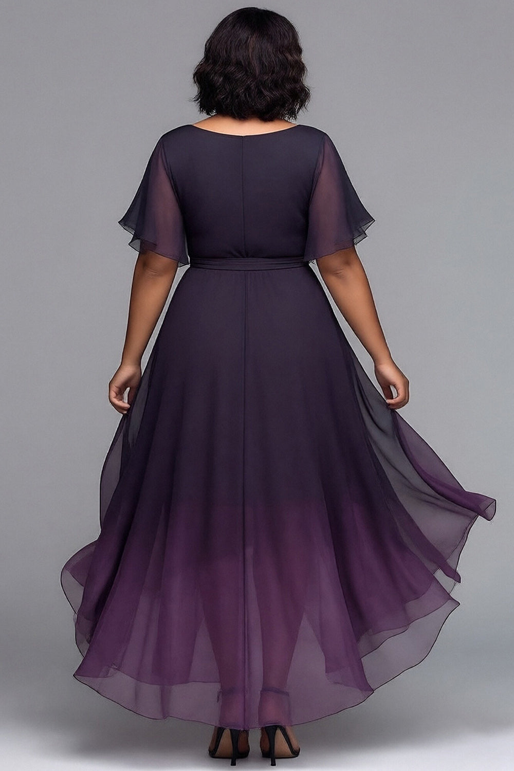 Xpluswear Design Plus Size Cocktail Party Black Gradient Round Neck Short Sleeve Asymmetric Hem Irregular Hem Chiffon Midi Dresses