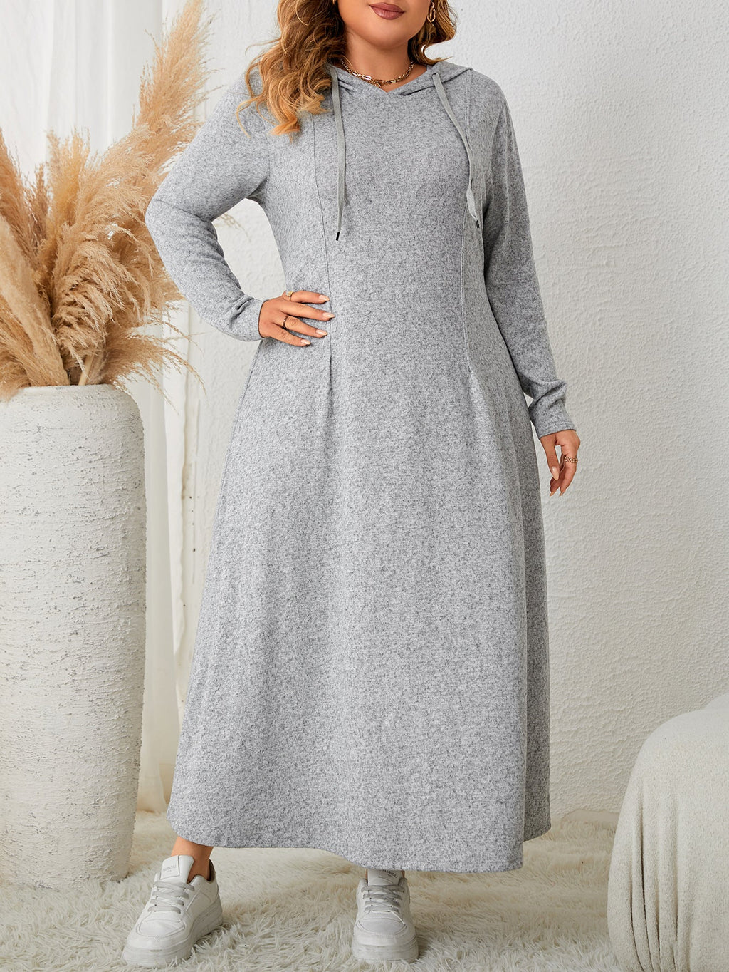 Soft Heather Grey Hooded Loose Pullover Maxi Dress