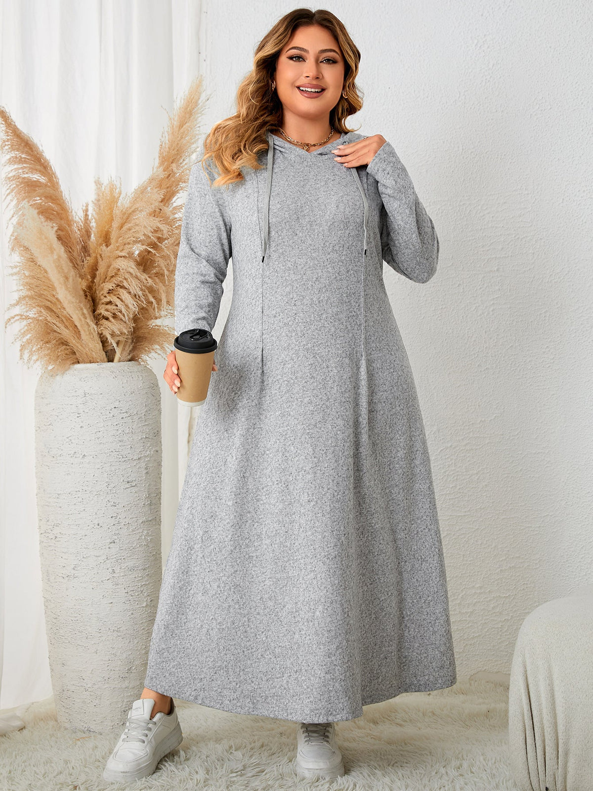 Soft Heather Grey Hooded Loose Pullover Maxi Dress
