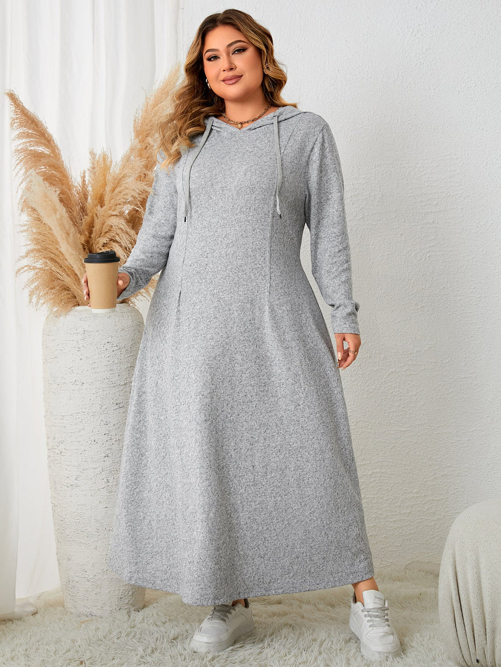 Soft Heather Grey Hooded Loose Pullover Maxi Dress