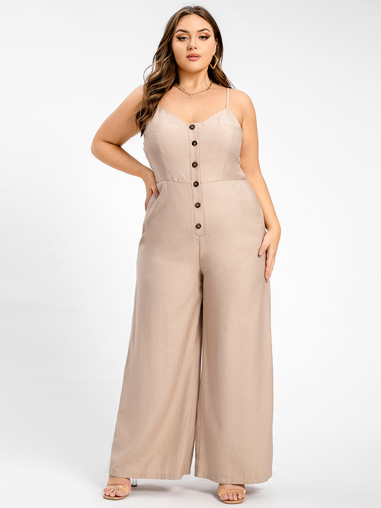 VIP Plus V-Neck Button Pocket Cami Jumpsuit