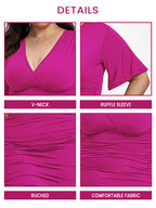 Plus Plain V Neck Ruched Ruffle Sleeve Party Midi Dress