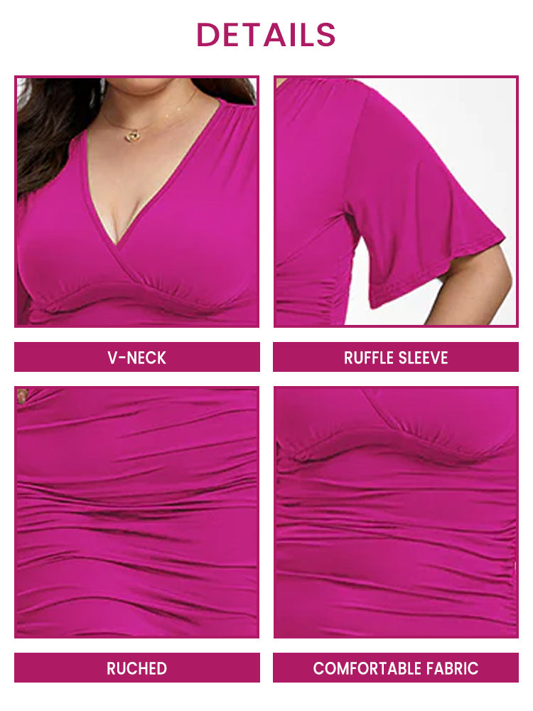 Plus Plain V Neck Ruched Ruffle Sleeve Party Midi Dress
