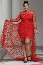 Xpluswear Design Plus Size Party Red Round Neck Long Sleeve High Low Hem Elegant See Through Tulle Mini Dresses
