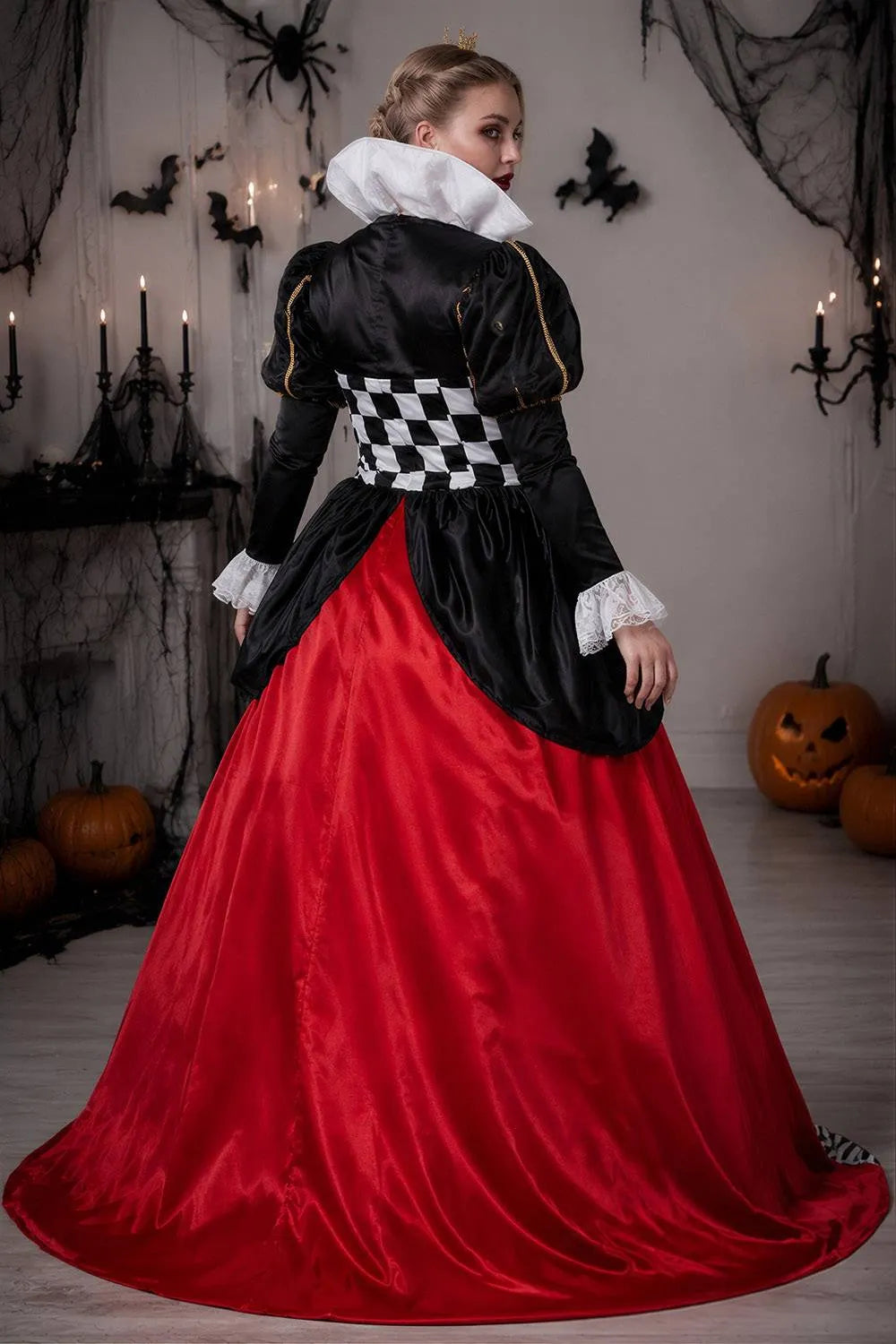 Xpluswear Design Plus Size Queen Of Hearts Halloween Costumes Checkered Print Lace Puff Sleeves Maxi Dress(Ships 24h)
