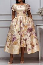 Xpluswear Design Plus Size Wedding Guest Elegant Champagne Floral Short Sleeve Pocket Satin Midi Dresses