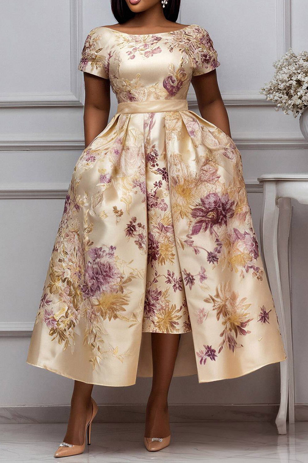 Xpluswear Design Plus Size Wedding Guest Elegant Champagne Floral Short Sleeve Pocket Satin Midi Dresses